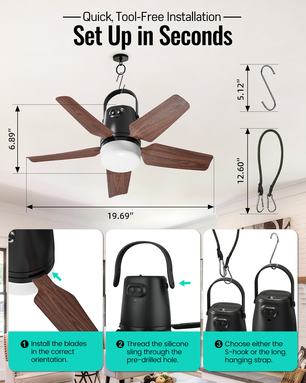 Outdoor Ceiling Fans for Patios, 20" Portable Ceiling Fan with Light Remote | 20000mAh Rechargeable Battery Powered, Cooling Fan for Patio Gazebo Porch Canopy Camper RV Cruise Umbrella, Farmhouse Design