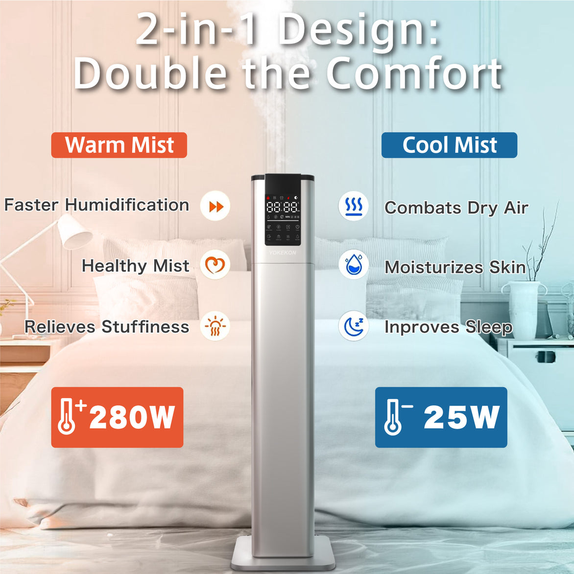 Cool and Warm Mist Humidifiers for Bedroom Large Room, YOKEKON 3.4Gal/13L Floor Humidifiers for Home 1000 sq ft, Quickly & Evenly Humidify Whole House, Top Fill, Aroma Box, Baby Yoga Plants, Silver