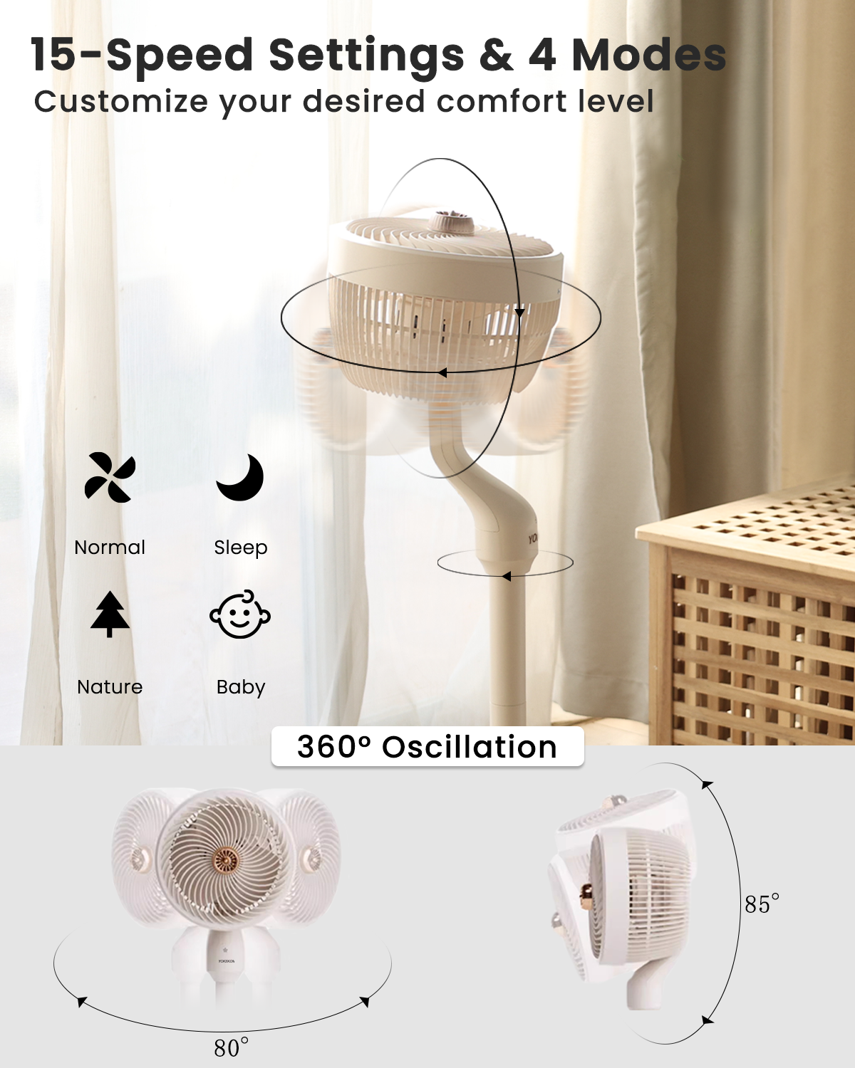 YOKEKON Standing Fan, Table Pedestal Fan 2-in-1, 3D Oscillating Fan with Remote & Aroma Box, 15-Hour Timer, Standing Floor Fan for Bedroom, Living room, Kitchen, Dorm, Home, Office, Indoor, White