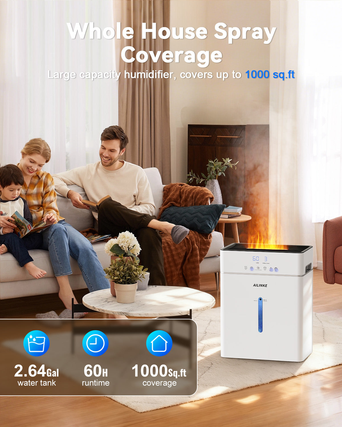 Humidifiers for Bedroom Large Room, Cool and Warm Mist Humidifier 10L/2.64Gal, 12H Timer, 3 Speed, Top Fill, Simulated Flame Light, 1000sq.ft Coverage for Home Whole House Plant Yoga