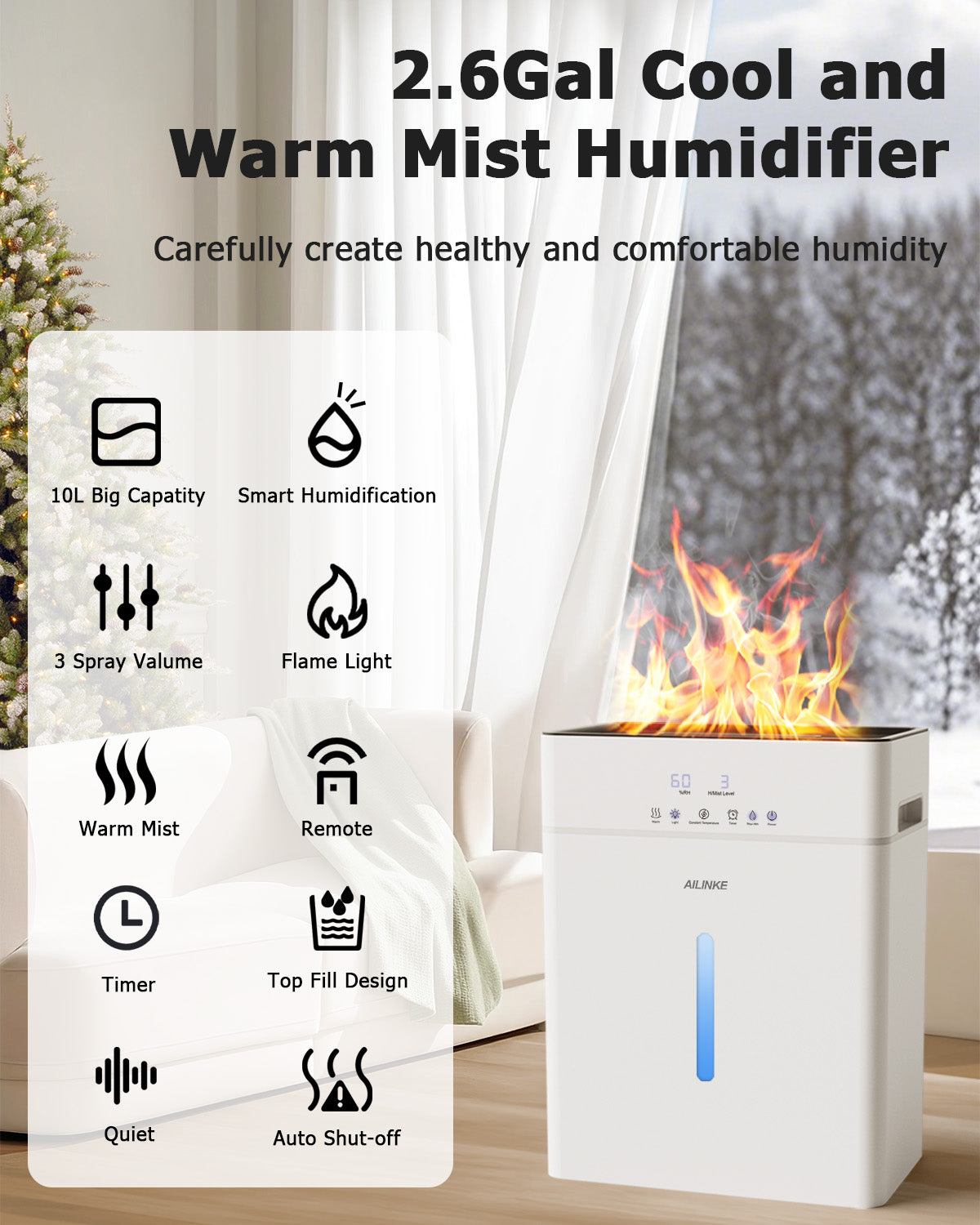 Humidifiers for Bedroom Large Room, Cool and Warm Mist Humidifier 10L/2.64Gal, 12H Timer, 3 Speed, Top Fill, Simulated Flame Light, 1000sq.ft Coverage for Home Whole House Plant Yoga