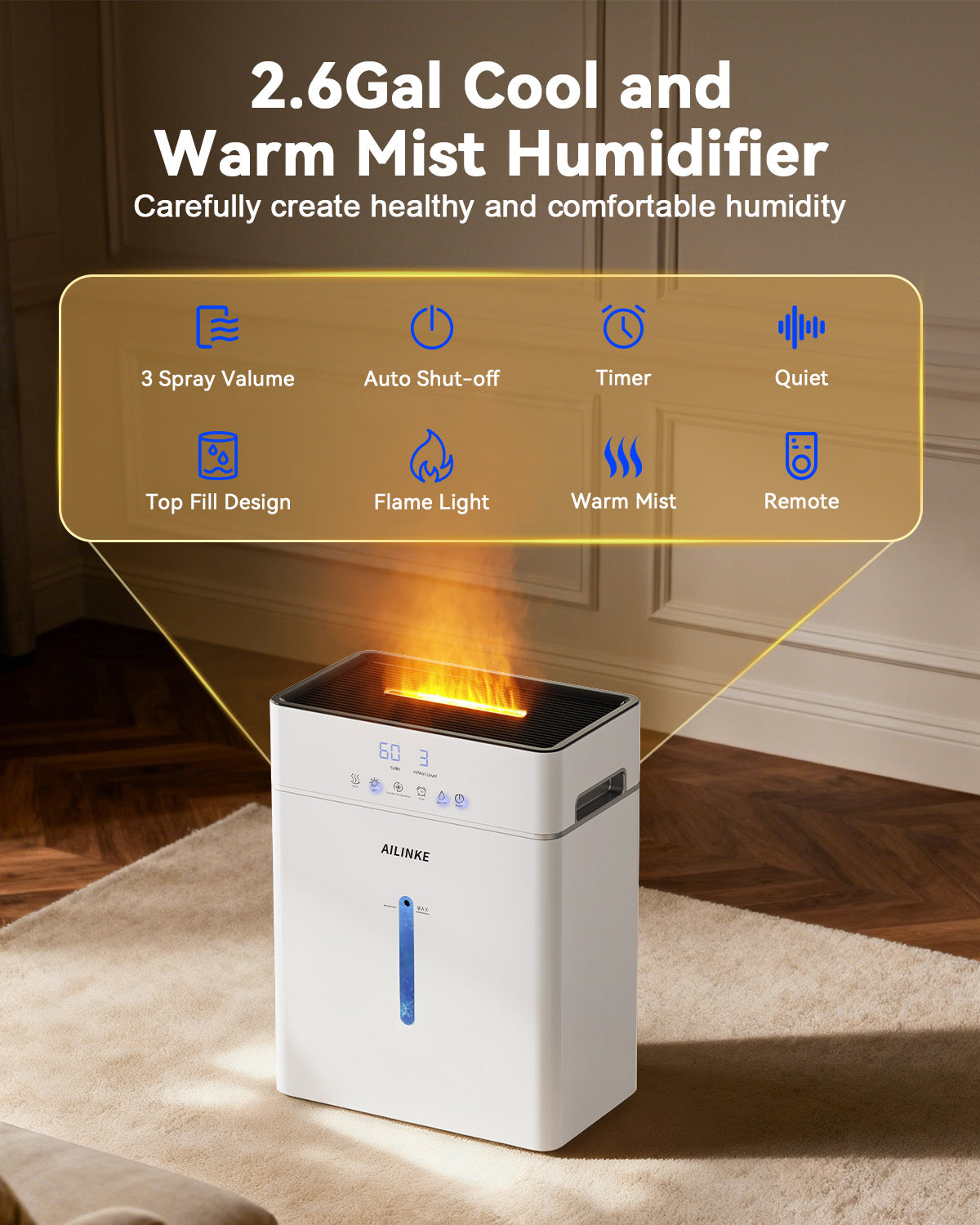 Humidifiers for Bedroom Large Room, Cool and Warm Mist Humidifier 10L/2.64Gal, 12H Timer, 3 Speed, Top Fill, Simulated Flame Light, 1000sq.ft Coverage for Home Whole House Plant Yoga