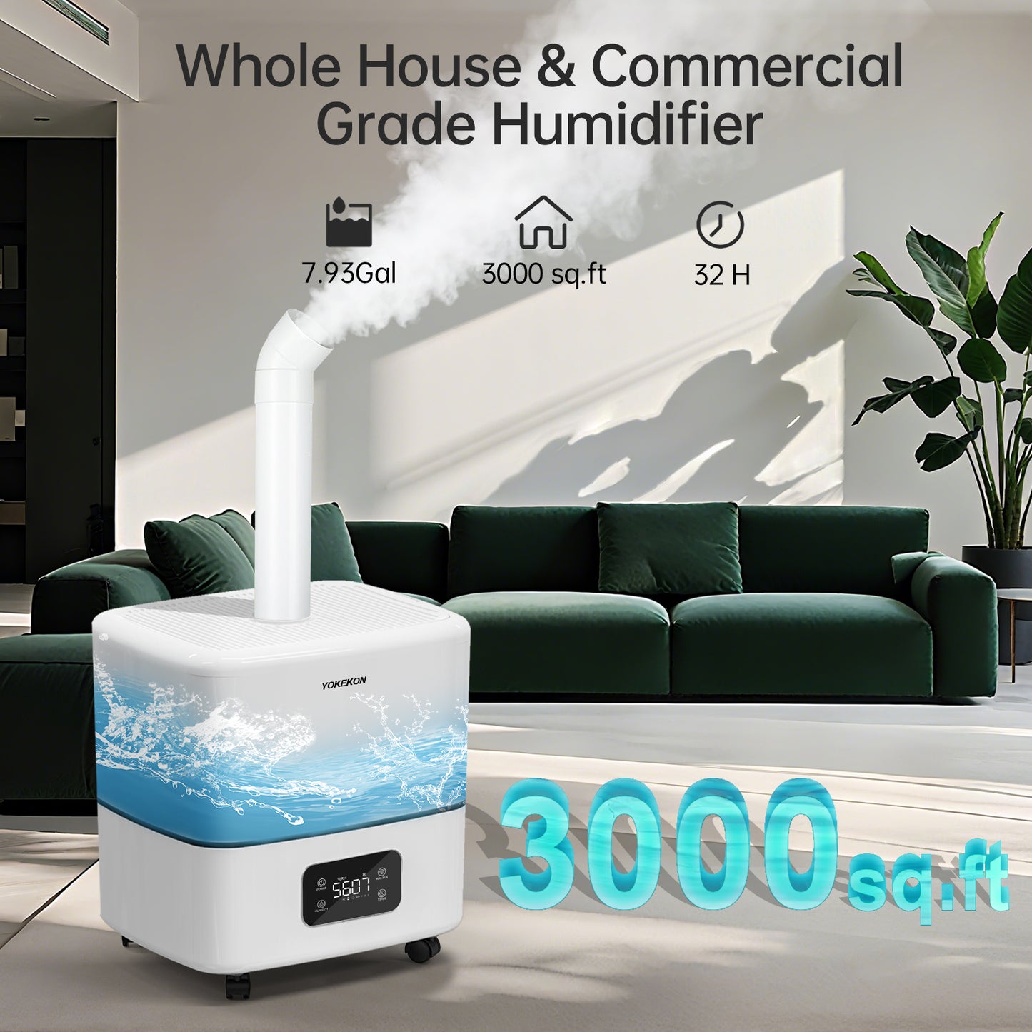 Humidifier Large Room, 30L/7.93Gal Large Commercial Humidifier 5000 sq.ft, Top-Fill Whole House Humidifiers with Extension Tube, 3 Mist Mode, Timer – Ideal for Plants, Office, Warehouse & Greenhouse