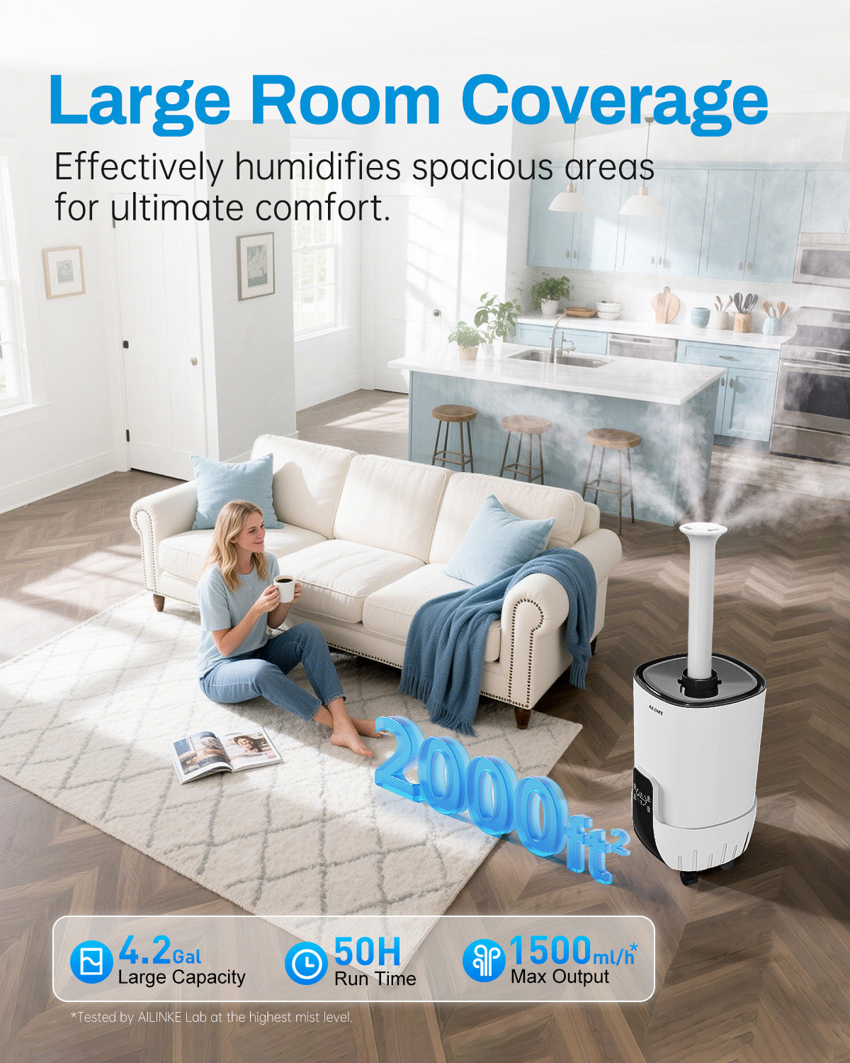 Humidifier Large Room, 4.2Gal/16L Cool Mist Humidifiers for Bedroom Home 2000 sq.ft,Top Fill, 3 Stainless Steel Atomizers,360°Nozzle Extension Tube, Commercial/Office/Plants/Whole House, White