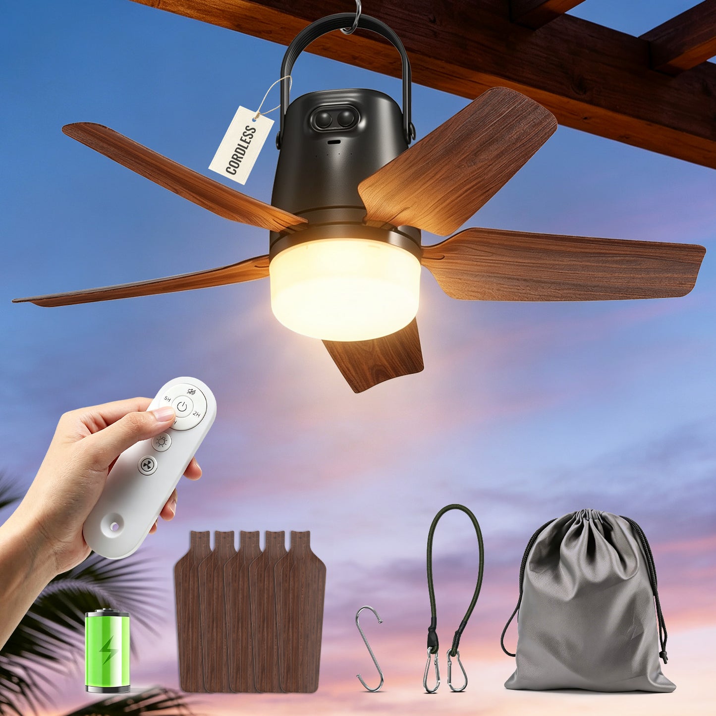 Outdoor Ceiling Fans for Patios, 20" Portable Ceiling Fan with Light Remote | 20000mAh Rechargeable Battery Powered, Cooling Fan for Patio Gazebo Porch Canopy Camper RV Cruise Umbrella, Farmhouse Design