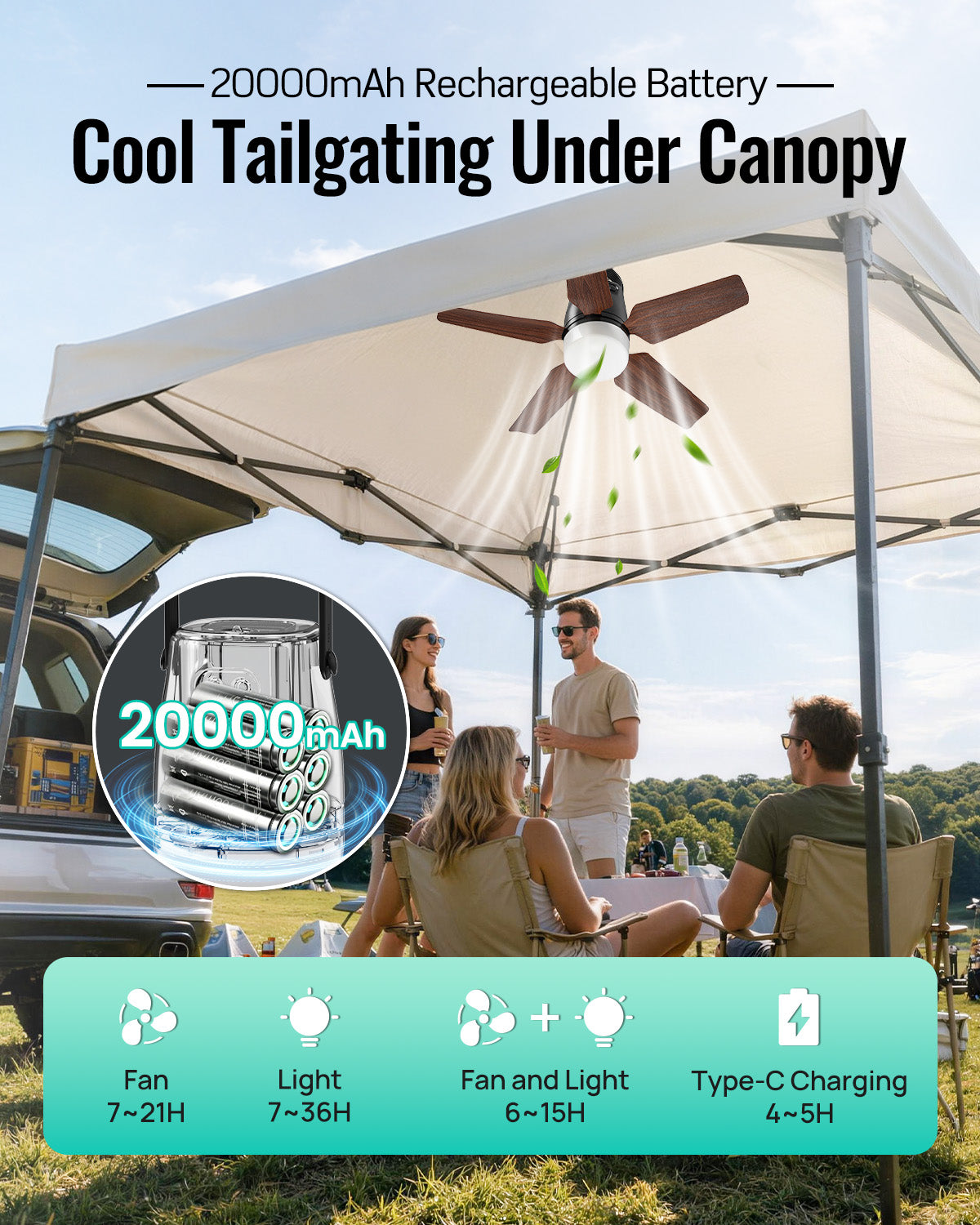 Outdoor Ceiling Fans for Patios, 20" Portable Ceiling Fan with Light Remote | 20000mAh Rechargeable Battery Powered, Cooling Fan for Patio Gazebo Porch Canopy Camper RV Cruise Umbrella, Farmhouse Design