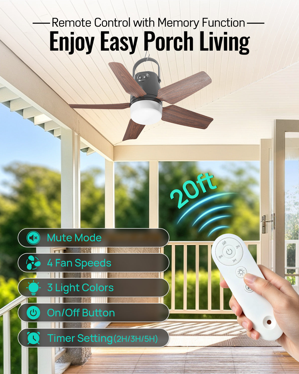 Outdoor Ceiling Fans for Patios, 20" Portable Ceiling Fan with Light Remote | 20000mAh Rechargeable Battery Powered, Cooling Fan for Patio Gazebo Porch Canopy Camper RV Cruise Umbrella, Farmhouse Design