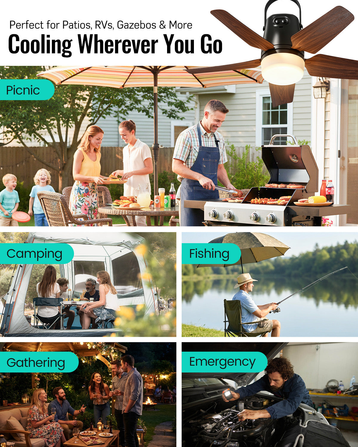 Outdoor Ceiling Fans for Patios, 20" Portable Ceiling Fan with Light Remote | 20000mAh Rechargeable Battery Powered, Cooling Fan for Patio Gazebo Porch Canopy Camper RV Cruise Umbrella, Farmhouse Design