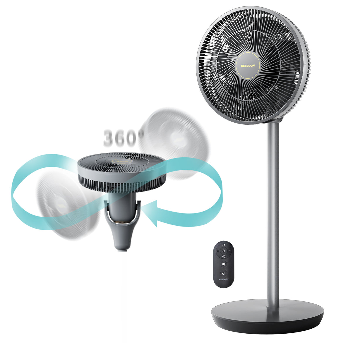Standing Fan for Patios Home, 360 Degree Oscillating Rechargeable Pedestal Fan with Remote, 37-Inch Tall Cordless Whole House Style Portable Fan, Quiet,15000mAh Battery, 15 Speed Levels&Timer, Gray