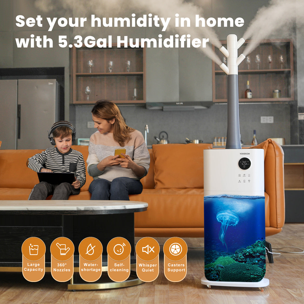 [MH-2118]YOKEKON Large Humidifiers Whole House Commercial Industrial Humidifier, 5.3Gal/20L Humidifiers for Large Room 2000 Sq Ft, Branch Tube Design with 360° Nozzle Sets