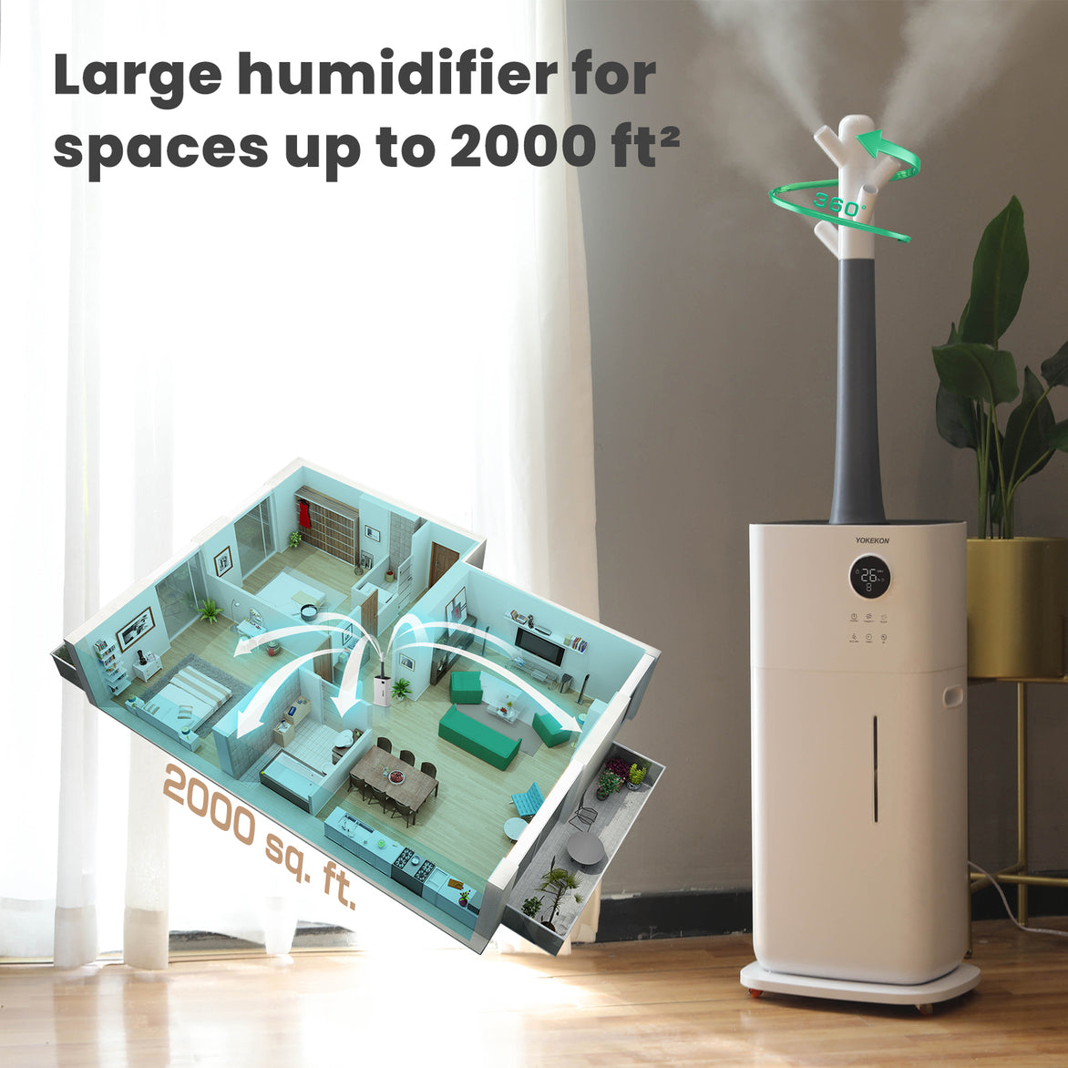 [MH-2118]YOKEKON Large Humidifiers Whole House Commercial Industrial Humidifier, 5.3Gal/20L Humidifiers for Large Room 2000 Sq Ft, Branch Tube Design with 360° Nozzle Sets