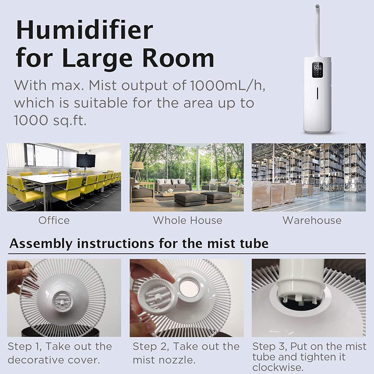4.2 Gal Tower Humidifiers for Large Room 1000 sq. ft, 16L Top Fill Cool Mist Ultrasonic Humidifier Quiet 1500mL/h Output with 360° Mist Tube