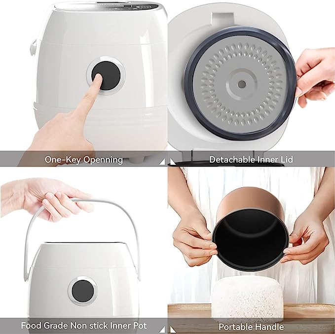 FEEKAA Rice Cooker Small 4-Cup (cooked), Mini Travel Rice Maker, 6-in-1 Portable Rice Cooker' 2 Cup (uncooked), Slow Cooker, Soup Maker, Stew Pot, White